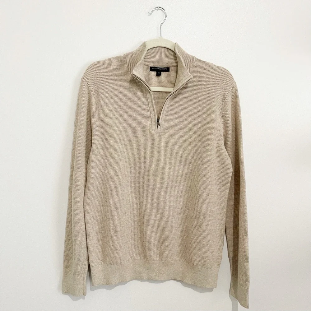 Banana Republic Men's Waffle Knit Half Zip Cotton Sweater Pullover Oatmeal Sz M - Picture 2 of 6
